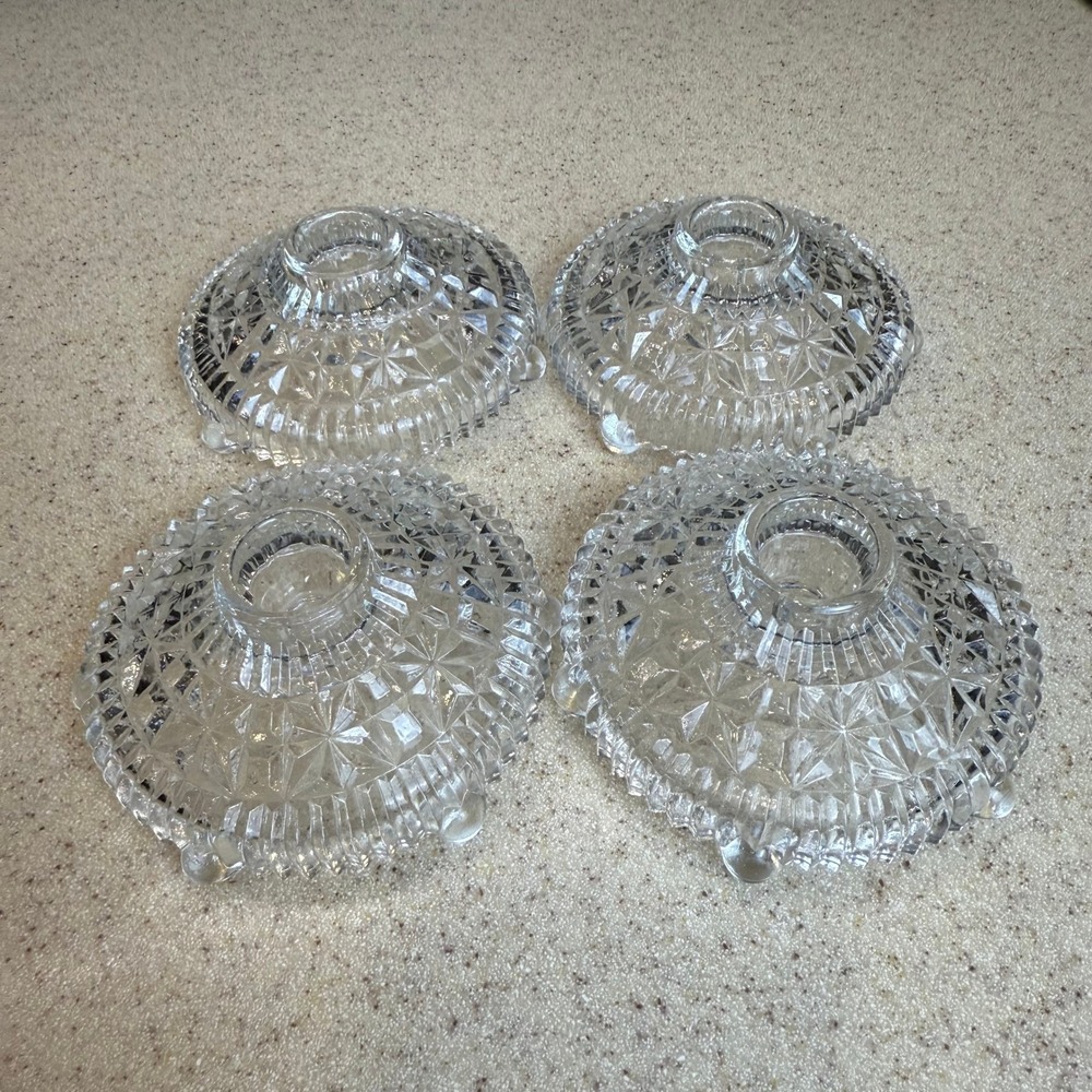 Vintage Anchor Hocking Stars & Bars / Thousand Lines Candlestick Holders 4pc Set